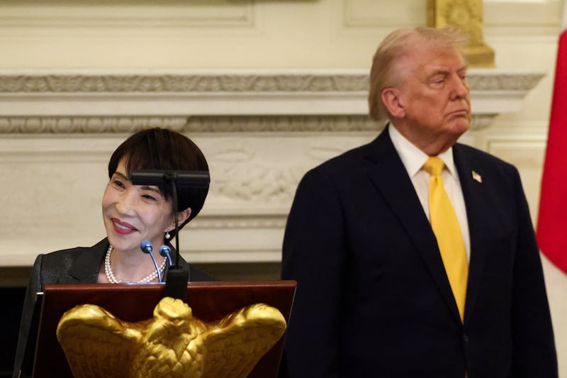 Japanese Prime Minister Sanae Takaichi delivers remarks during a dinner hosted by U.S. President Donald Trump at the White House in Washington, D.C., U.S., March 19, 2026.