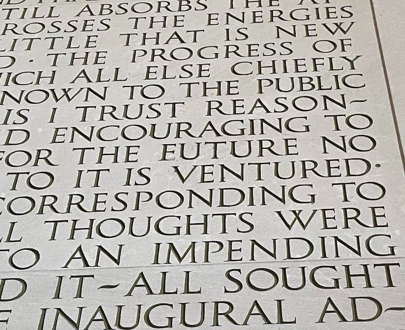On the north interior wall of the chamber, President Abraham Lincoln's Second Inaugural Speech is carved into the limestone. Delivered on March 4, 1865, the eloquent speech gives Lincoln's perspective on his first term and the terrible Civil War that was consuming the nation before looking forward to the war's coming end. It's ironic then that there's a flaw in the future. The actual word "FUTURE" was originally engraved as "EUTURE." Under the guidance of architect Henry Bacon, artist Ernest C. Bairstow completed the memorial's exterior details such as the states, wreathes, festoons, and eagles, and was also responsible for the lettering of the Gettysburg Address and the Second Inaugural. Likely the result of grabbing an "E" stencil instead of an "F," the error can be found about halfway down the first panel. The extra space has since been filled in, so you have to look very closely to see it. In a place where iconic memorials can make people seem larger than life, it can be helpful to have a reminder that no one is perfect.
(National Parks Service)
