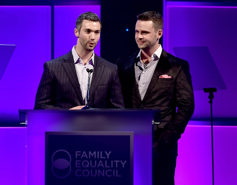 Jason Hanna, left, and Joe Riggs speak onstage during the Family Equality Council's 2015 Los Angeles Awards dinner at The Beverly Hilton Hotel on February 28, 2015 in Beverly Hills, California.
