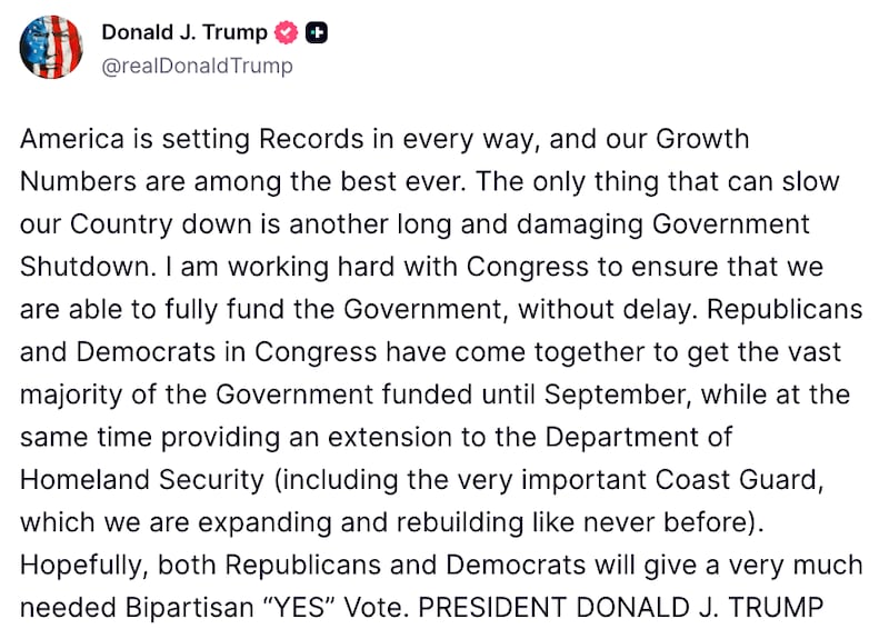 Trump Truth Social post on shutdown deal
