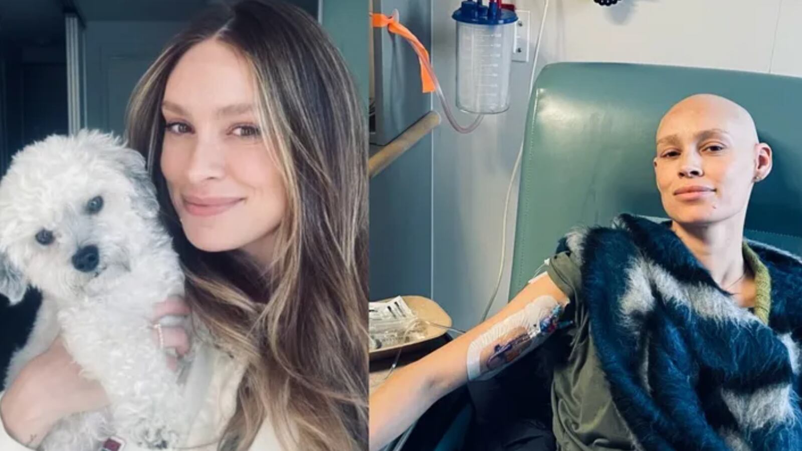 Hailey Merkt smiles with her dog and takes a selfie in hospital bed in side-by-side photos