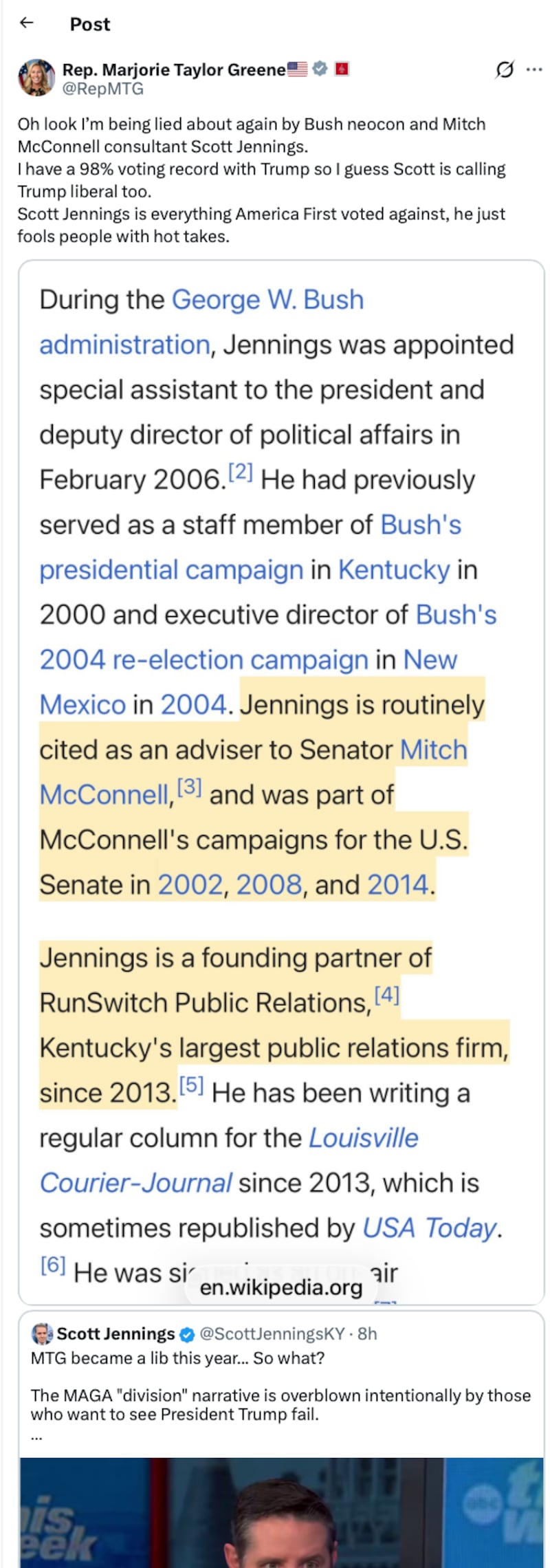 Greene used Jennings' biography against him, claiming the former Bush administration staffer and Mitch McConnell adviser did not represent "America First."