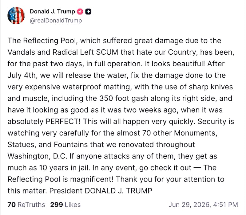 Trump rants about the Reflecting Pool as it remains off-limits to visitors.