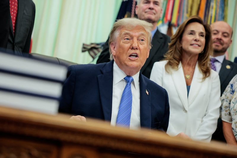 U.S. President Donald Trump speaks in the Oval Office as he signs the Secure America Act, at the White House in Washington, D.C., U.S., June 10, 2026.