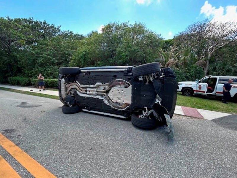 Tiger Woods' Land Rover rolled over on a two-lane road near his Jupiter Island home, in this handout image released by the Martin County Sheriff's Office on March 28, 2026, as Woods was arrested on suspicion of DUI, in Jupiter Island, Florida, U.S.  Martin County Sheriff's Office/Handout via REUTERS THIS IMAGE HAS BEEN SUPPLIED BY A THIRD PARTY. MANDATORY CREDIT NO RESALES. NO ARCHIVES. BEST QUALITY AVAILABLE.