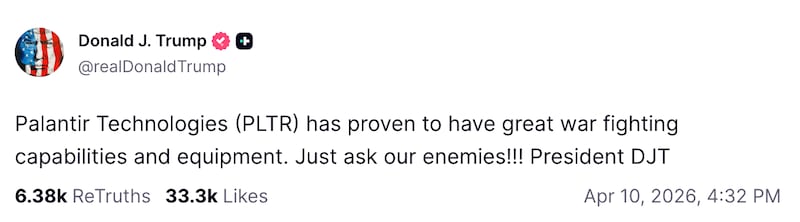 President Trump's April 10 Truth Social about Palantir.