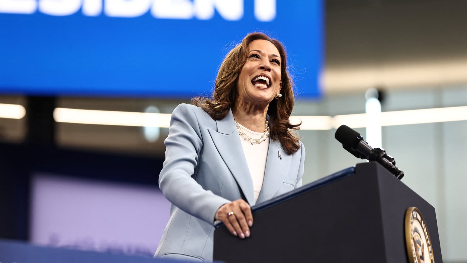Democratic presidential candidate and U.S. Vice President Kamala Harris speaks at a campaign event in Atlanta, Georgia on July 30, 2024.