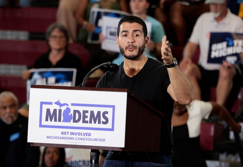 Abdul El-Sayed speaks at a unity rally in Detroit, Michigan, U.S., August 7, 2026.