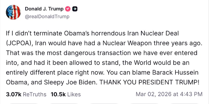 Trump tried to vindicate his Iran war by pointing to an imaginary scenario and referring to himself in the third person.