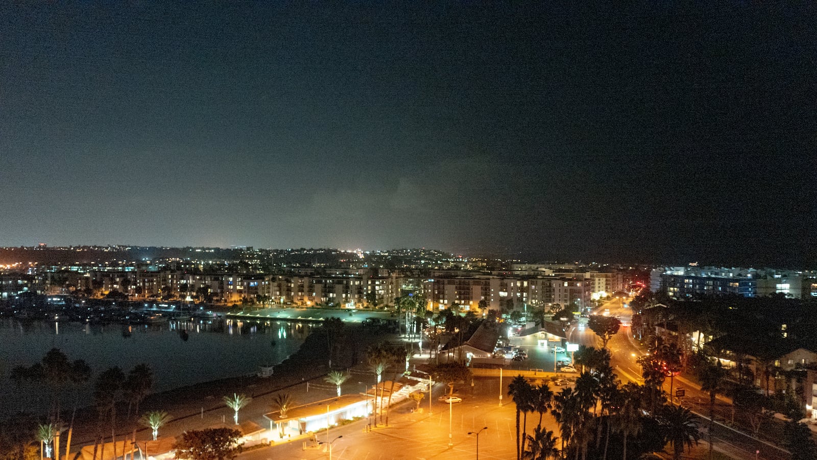 Aerial view at night of Marina Del Rey, Los Angeles, California, October 27, 2019.