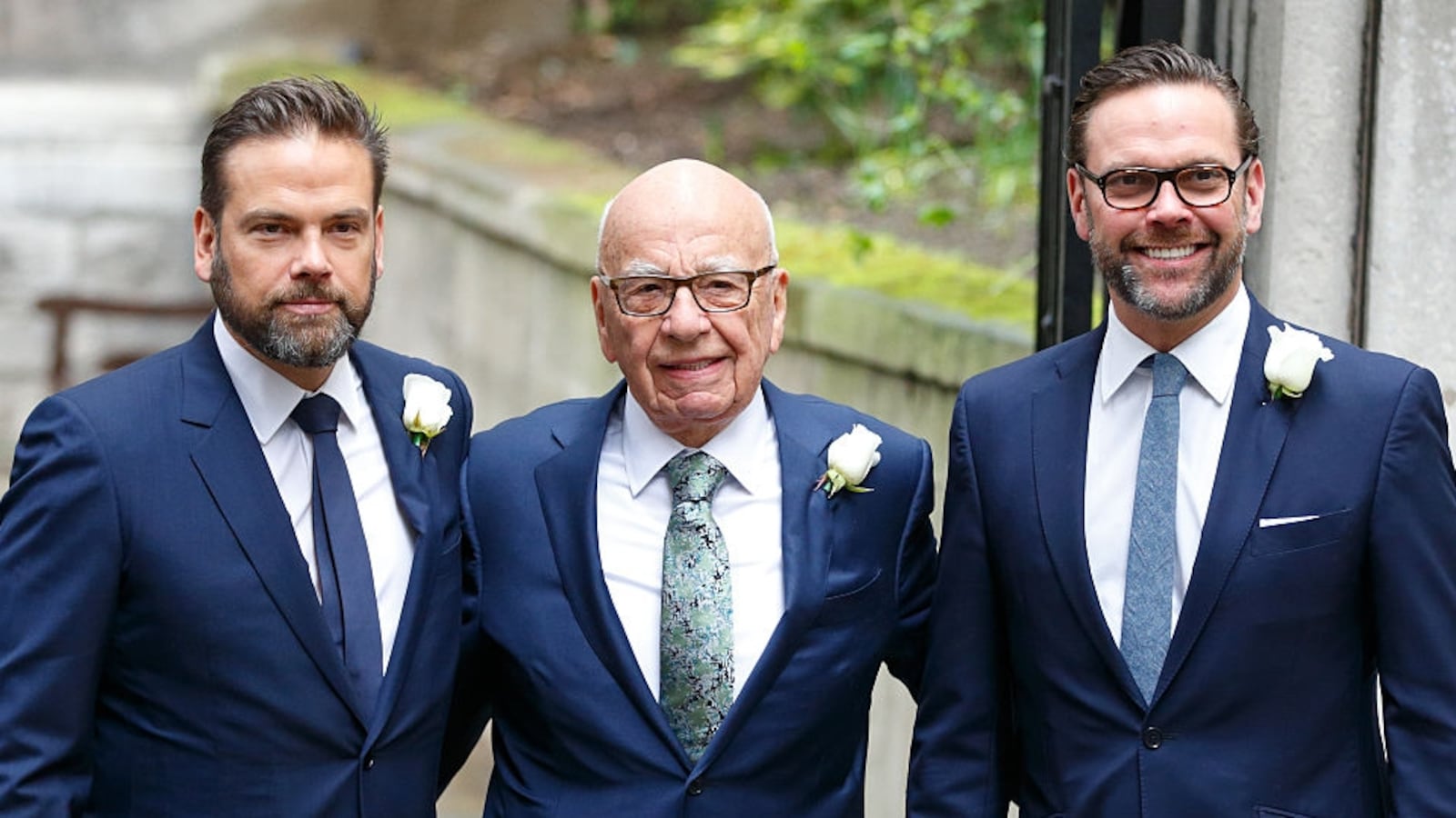 Rupert Murdoch with his sons Lachlan Murdoch, left, and James Murdoch, right, at the media mogul’s wedding to Jerry Hall in 2016.
