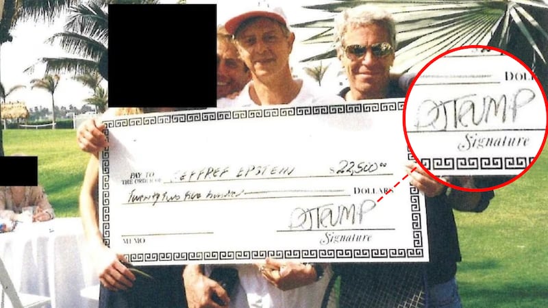 A photo composite highlight Donald Trump's signature on the check being held by Jeffrey Epstein.