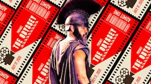 A photo illustration of Matt Damon in Christopher Nolan's The Odyssey to be released in 2026 in front of presale tickets for the film.