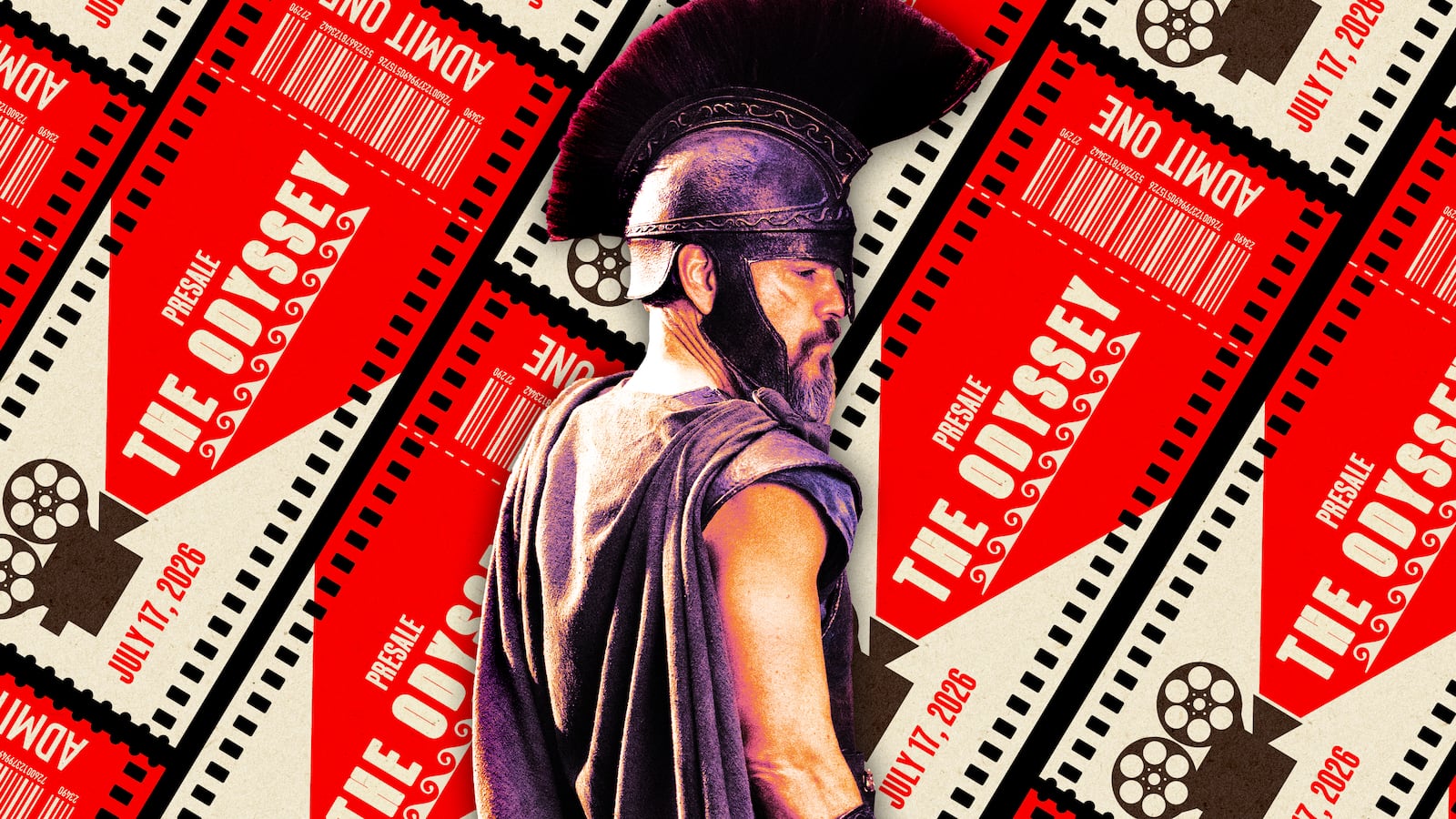 A photo illustration of Matt Damon in Christopher Nolan's The Odyssey to be released in 2026 in front of presale tickets for the film.