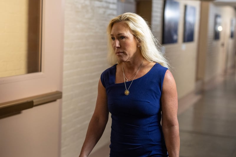 Rep. Marjorie Taylor Greene (R-GA) arrives for a House Republican meeting at the U.S. Capitol on May 20, 2025 in Washington, DC. U.S. President Donald Trump will join conservative House lawmakers to help push through their budget bill after it advanced through the House Budget Committee on Sunday evening.