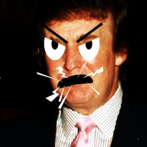 Donald Trump with cartoon angry eyes and yelling and Jeffrey Epstein