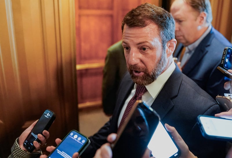 U.S. Senator Markwayne Mullin (R-OK), tapped by U.S. President Donald Trump to replace U.S. Homeland Security Secretary Kristi Noem, speaks to members of the media near the Senate chamber floor at the U.S. Capitol, in Washington, D.C., U.S., March 5, 2026.