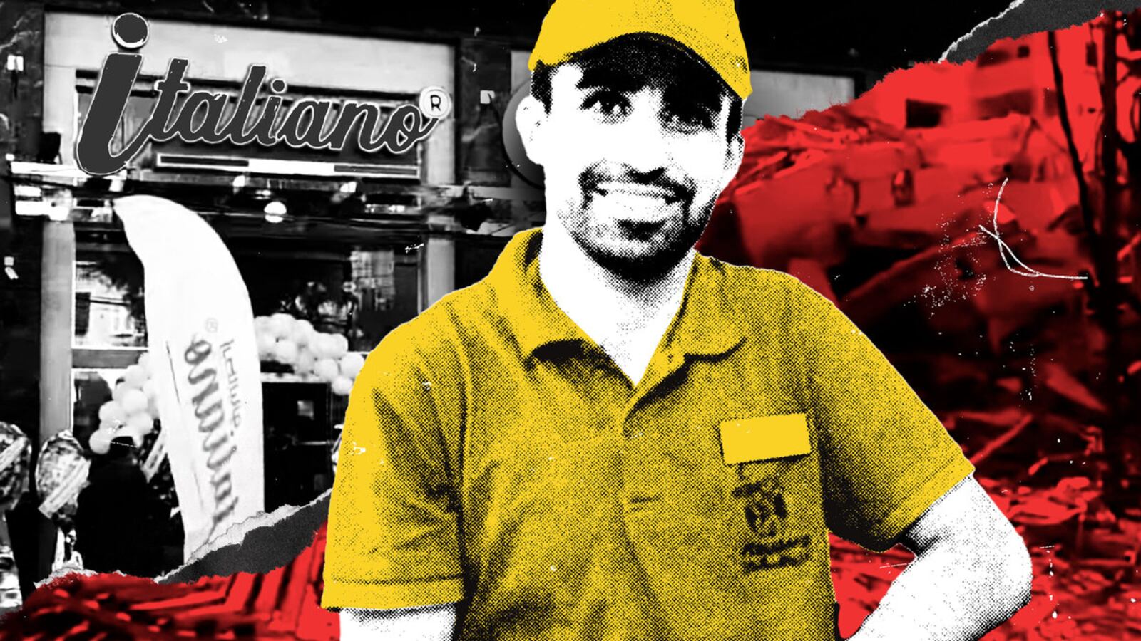 A photo illustration of Italiano restaurant in Gaza ripped in half to reveal the rubble it’s been reduced to after being struck in the war. Abdulraham Abuamara is overlaid on top.