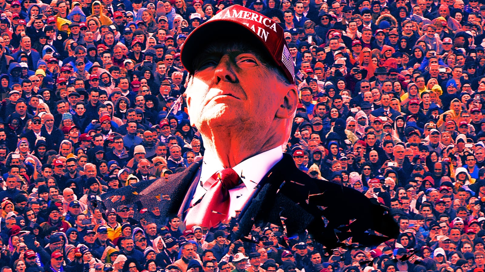 A photo illustration of President Donald Trump and a crowd of his supporters during a rally.