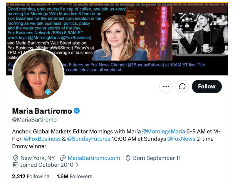 Maria Bartiromo has yet to update her X bio.