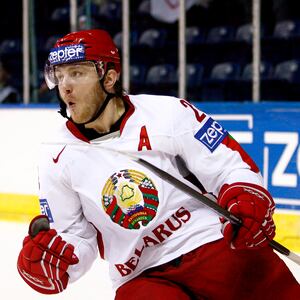 Konstantin Koltsov #28 of Belarus celebrates his second period goal during the game against Switzerland at the IIHF World Ice Hockey Championship preliminary round on May 05, 2008 in Quebec City, Quebec, Canada.