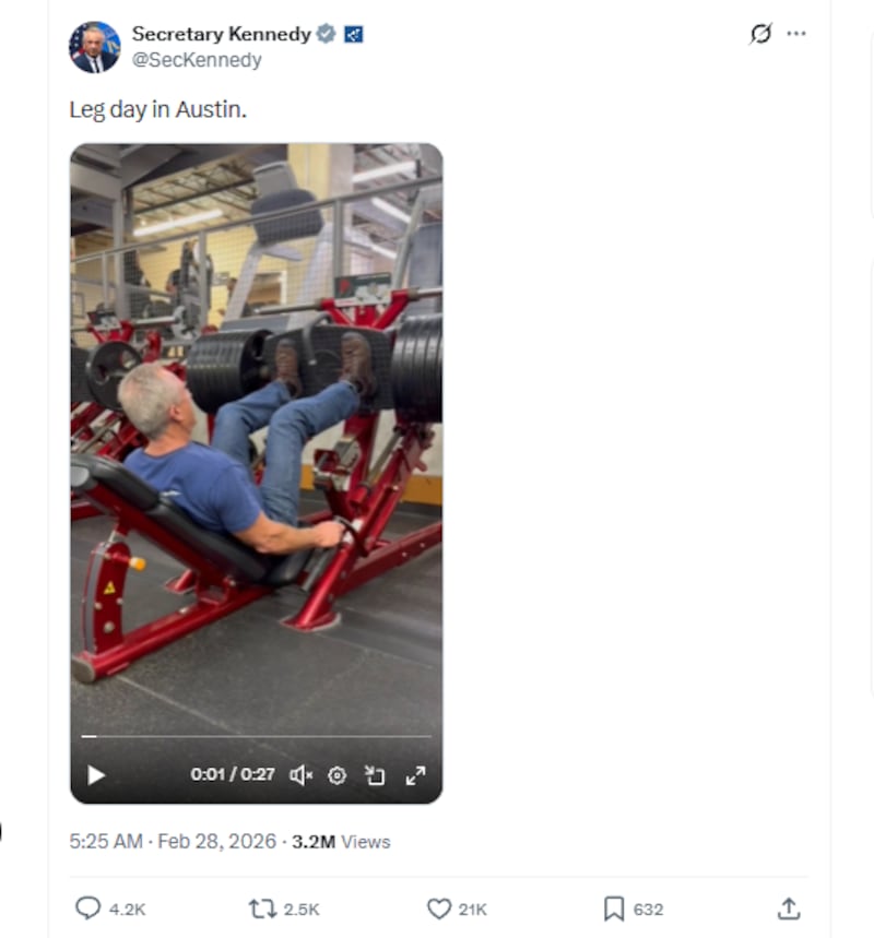 A still of a video of RFK Jr. demonstrating his leg press at the gym for the camera.