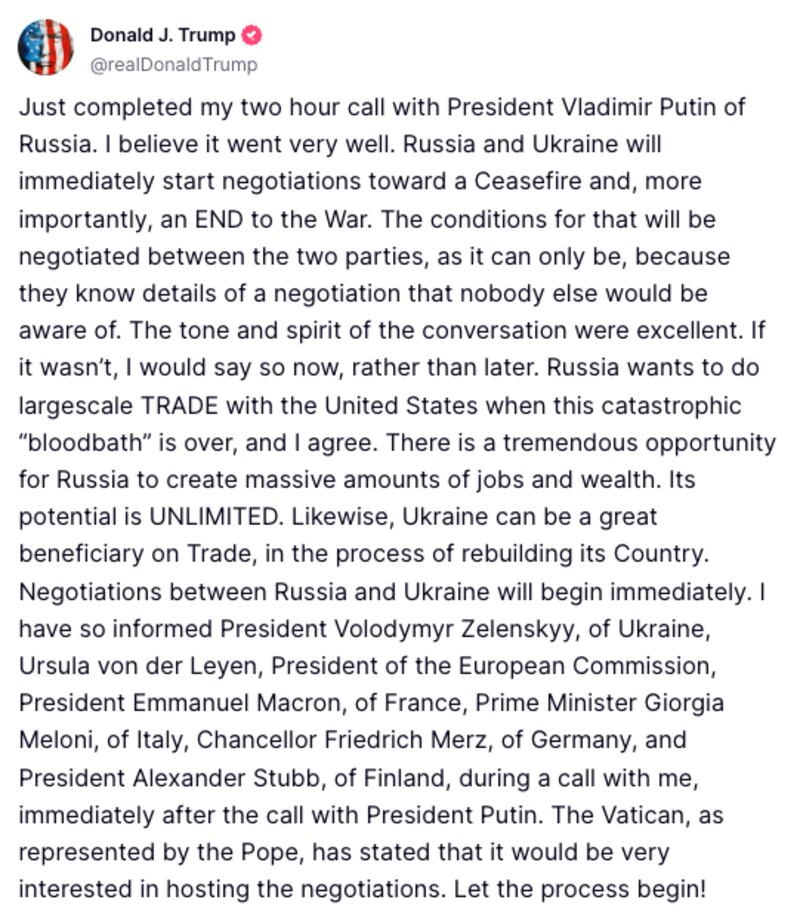 U.S. President Donald Trump posts on Truth Social about his call with Russian President Vladimir Putin.