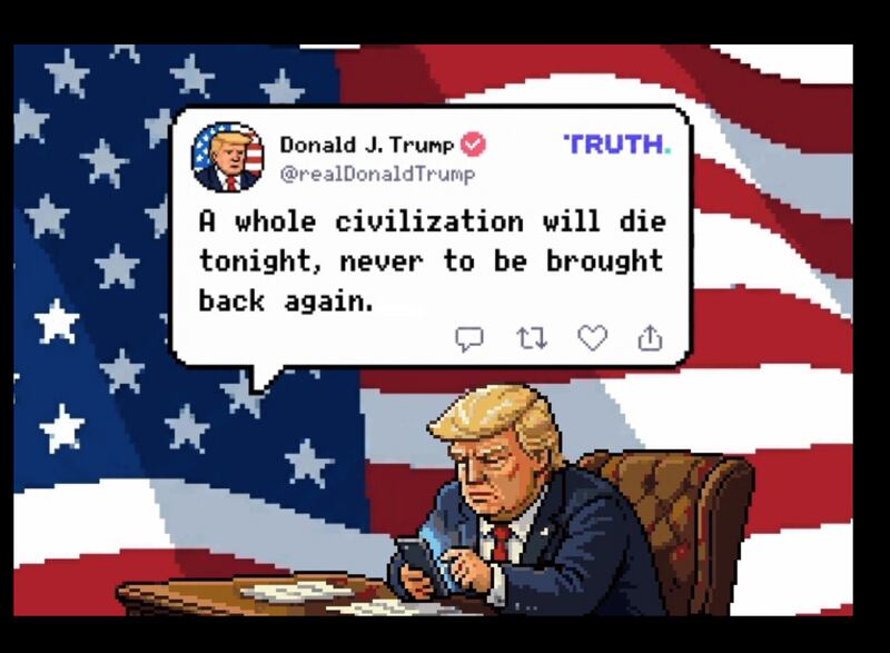 The game references several of Trump's most recent controversies, including his threat to wipe out an entire country on Truth Social.