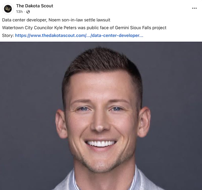 Kristi Noem shared a link to a story on her son-in-law Kyle Peters.