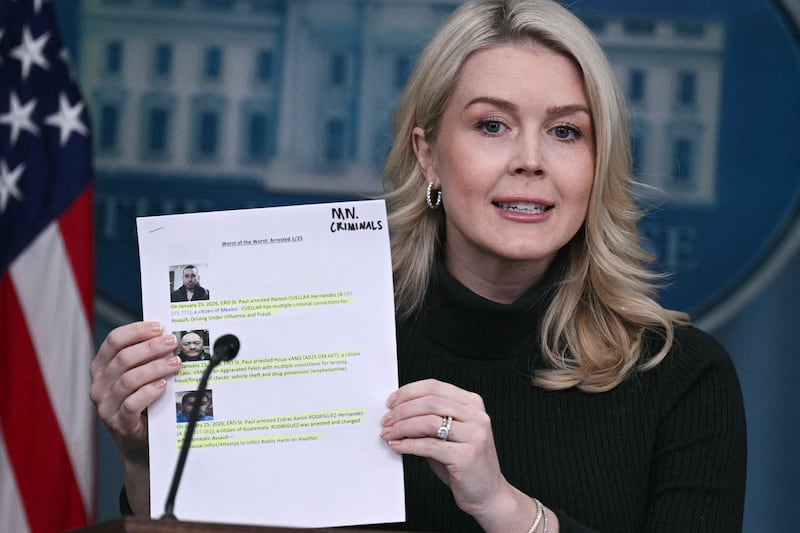White House Press Secretary Karoline Leavitt holds up a printout with pictures of alleged undocumented criminals arrested recently by Immigration and Customs Enforcement (ICE) in Minnesota as she speaks during a press briefing in the Brady Briefing Room of the White House in Washington, DC, on January 26, 2026.