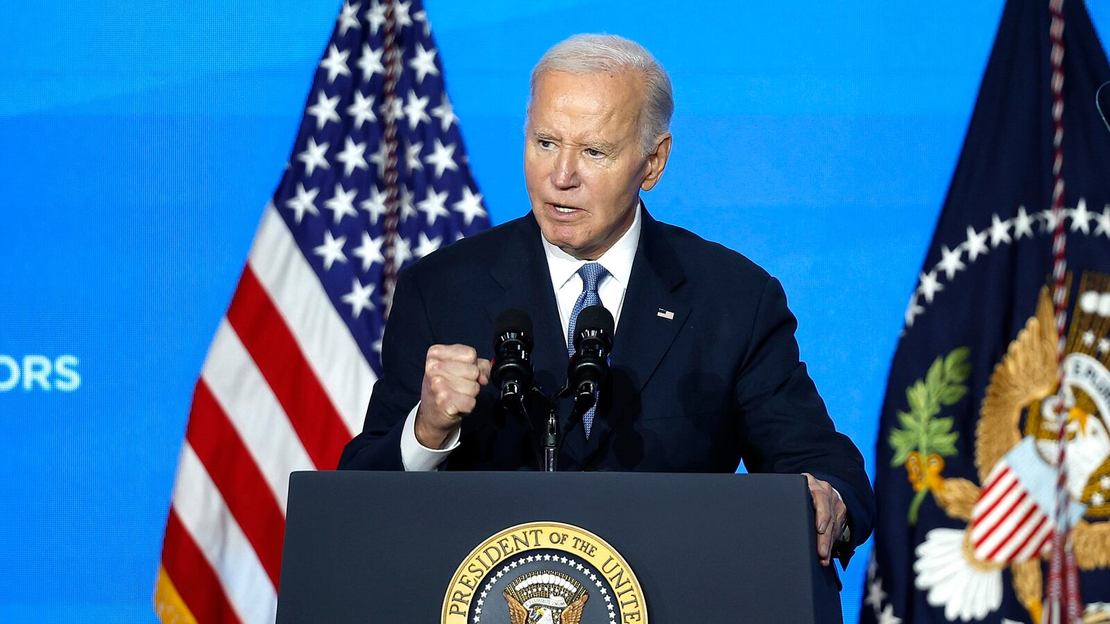 President Joe Biden delivers remarks at the U.S. Conference of Mayors 93rd Winter Meeting on January 17, 2025 in Washington, DC.