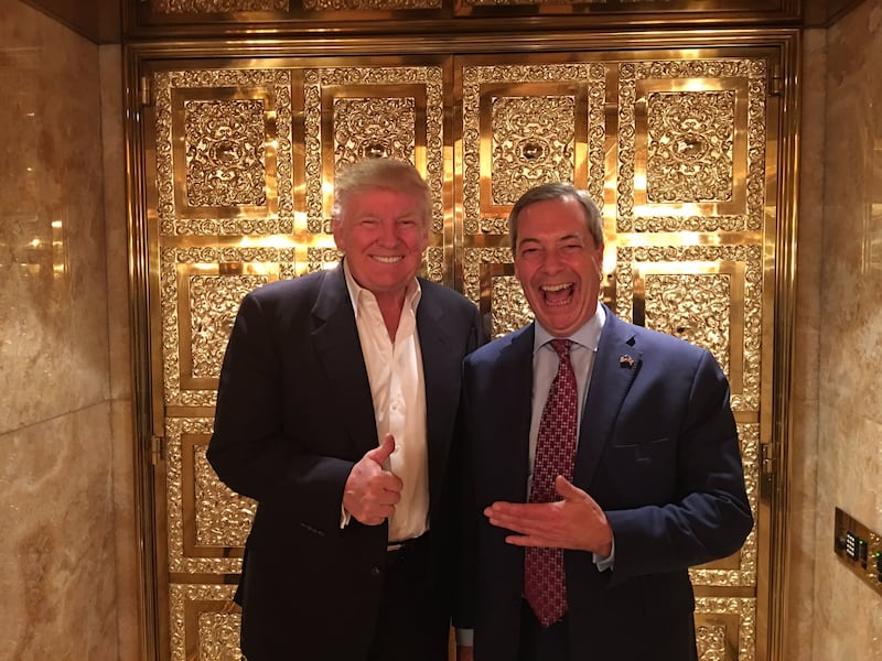 Farage posing alongside Trump in November 2016—in a tweet posting the image, the British populist wrote that he was “confident” that Trump would “be a good President.”