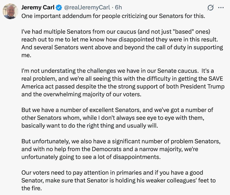 Jeremy Carl calls out "based" Senators.