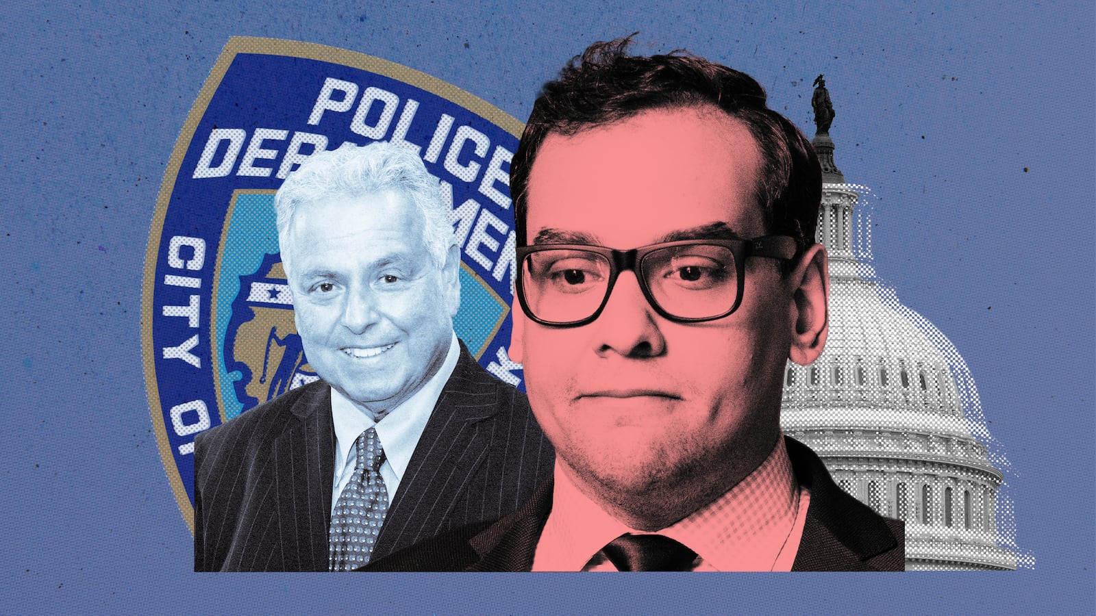 A photo composite of retired NYPD detective Mike Sapraicone and congressman George Santos with a background of the NYPD logo and US Capitol building.