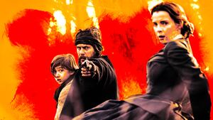 Preston Mota as Devin Rowell, Taylor Kitsch as Isaac, and Betty Gilpin as Sara Rowell in American Primeval.