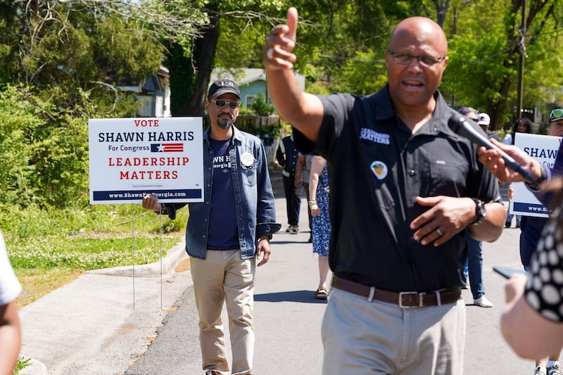 Georgia Democratic congressional candidate Shawn Harris speaks to supporters ahead of a March to the Polls event on April 7, 2026 in Rome, Georgia.
