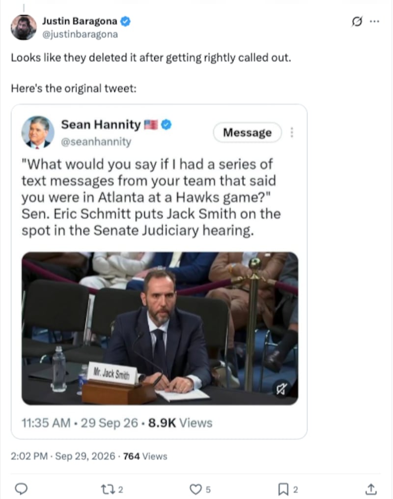 Sean Hannity deleted an X post hyping Schmitt's questioning.