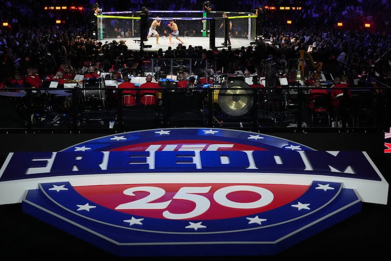 Ilia Topuria and Justin Gaethje compete in a lightweight title bout during UFC Freedom 250 on the South Lawn of the White House, Monday, June 15, 2026, in Washington.