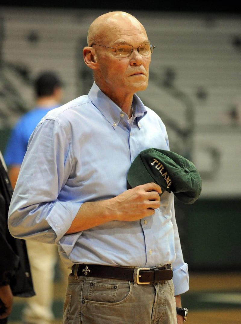 January 7, 2012; New Orleans, LA, USA; James Carville, political consultant and Tulane faculty member, listens to the Alma Mater after the Tulane Green Wave hosted the Southern Mississippi Golden Eagles at Fogelman Arena.  Mandatory Credit: Chuck Cook-USA TODAY Sports