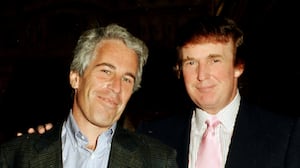 Portrait of American financier Jeffrey Epstein (left) and real estate developer Donald Trump as they pose together at the Mar-a-Lago estate, Palm Beach, Florida, 1997.(Photo by Davidoff Studios/Getty Images)