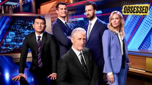 Ronny Chieng, Michael Kosta, Jon Stewart, Jordan Klepper and Desi Lydic on The Daily Show.