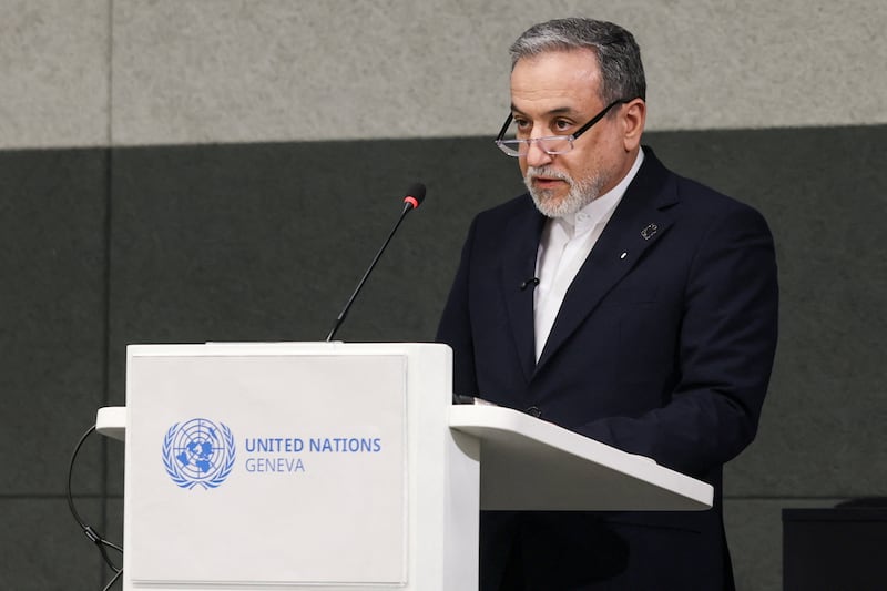 Iran's Foreign Minister Abbas Araghchi addresses a special session of the Conference on Disarmament at the United Nations, aside of U.S.-Iran talks in Geneva, Switzerland, February 17, 2026. REUTERS/Pierre Albouy