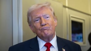 IN FLIGHT- MARCH 7:U.S. President Donald Trump speaks to members of the media traveling on Air Force One while heading to Miami on March 7, 2026. President Trump and other members of the government attended the dignified transfer of six soldiers from the 103rd Sustainment Command who were killed in action by an Iranian drone strike on March 1 in Port of Shuaiba, Kuwait during "Operation Epic Fury". (Photo by Roberto Schmidt/Getty Images)