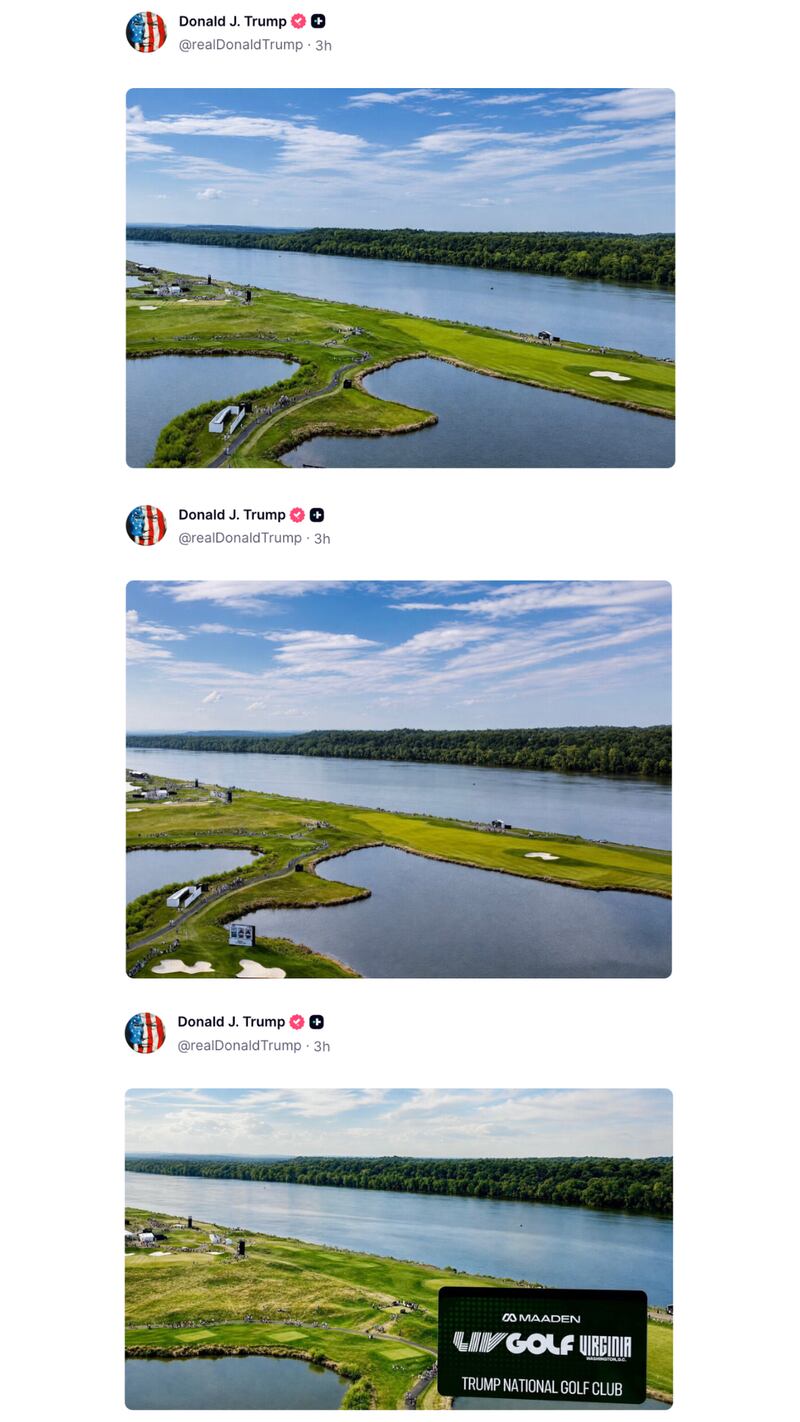 Three near-identical photos of the LIV golf tournament posted to Donald Trump's Truth Social account.