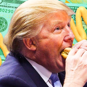A photo illustration of Donald Trump eating a hot dog.