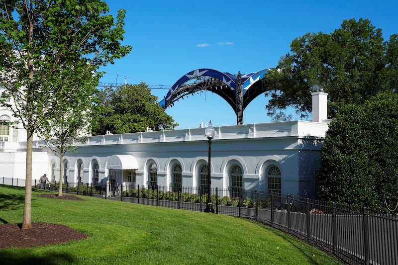 Construction continues on a temporary arena on the South Lawn of the White House in Washington, D.C., on May 30.