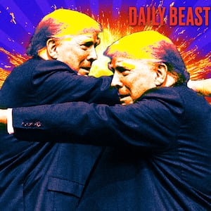 A photo illustration of two Donald Trumps pointing at each other with an explosion in the background.