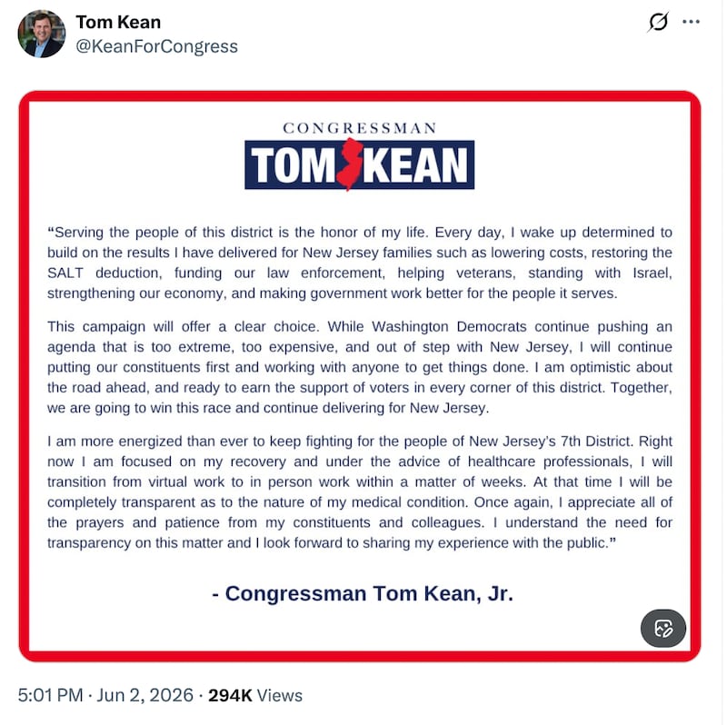 Thomas Kean Jr. confirms he's seeking re-election.