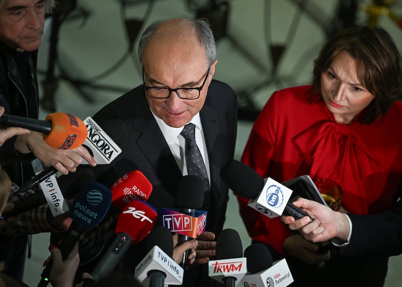 Wlodzimierz Czarzasty, Marshal of the Polish Parliament (Sejm), speaks to the media ahead of a meeting with Ukrainian President Volodymyr Zelenskyy in Warsaw, Mazovian Voivodeship, Poland, on December 19, 2025.