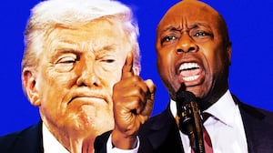 A photo illustration of Trump and Tim Scott.